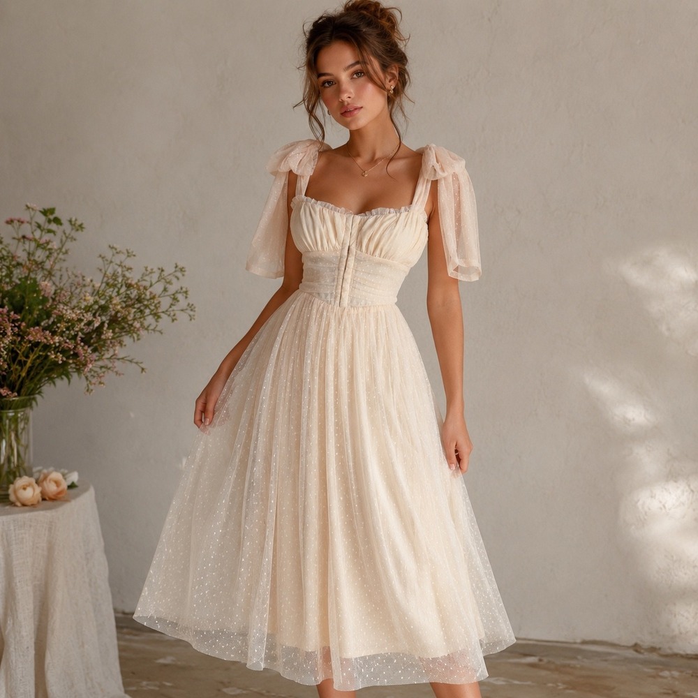 Swiss Dot Tulle Midi Dress Ivory Blush Bow Strap Coquette Balletcore Cottagecore